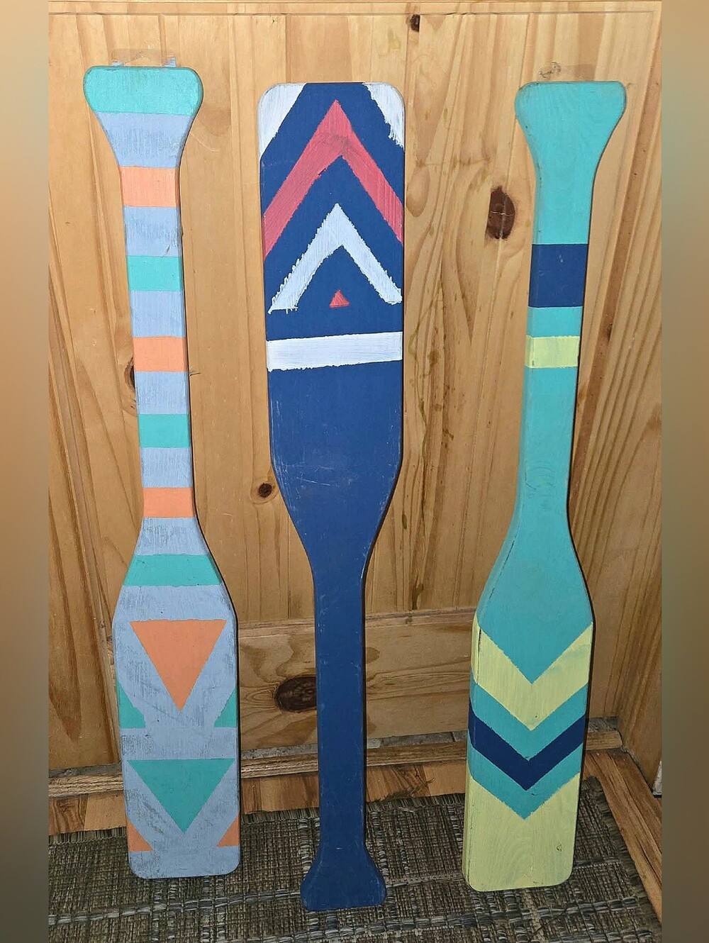 Hand-Painted Decorative Wooden Oars - Blue, Teal, Yellow, & Coral